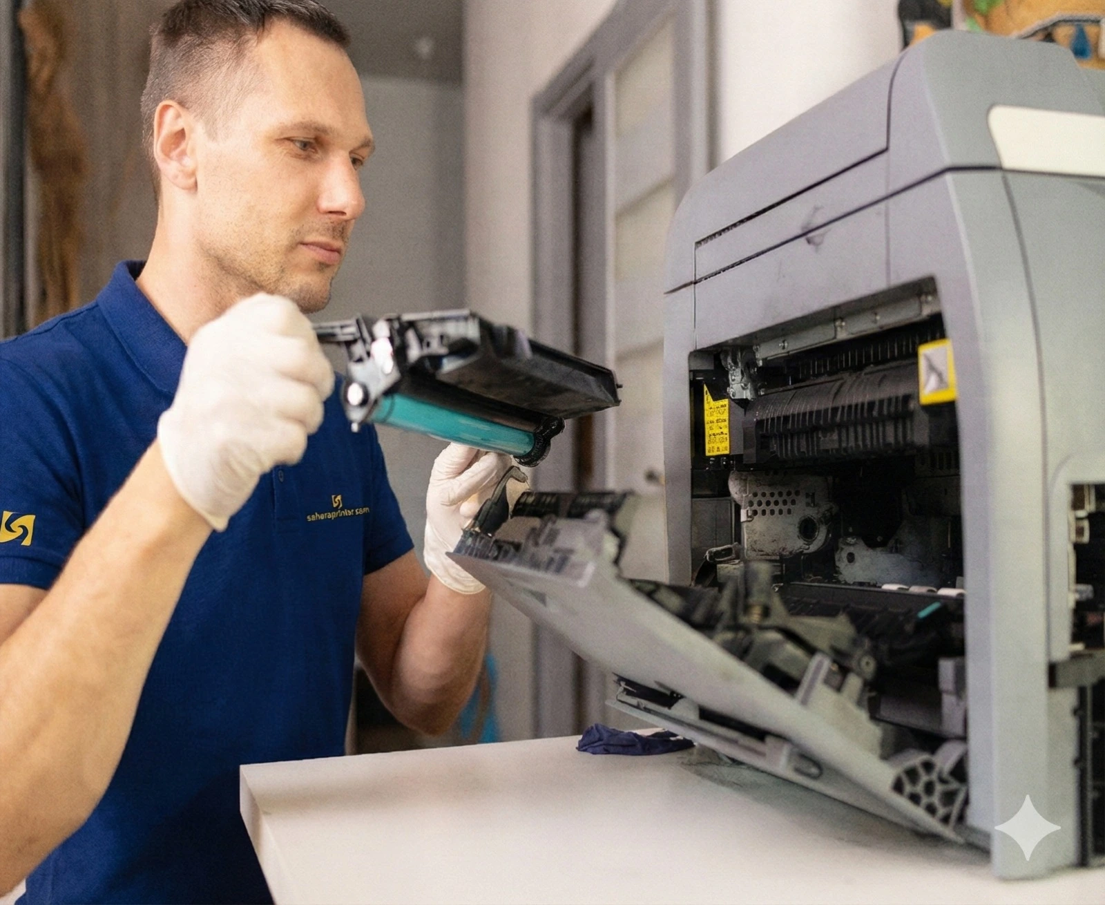 Sahara technician servicing a wide-format plotter printer in Dubai UAE